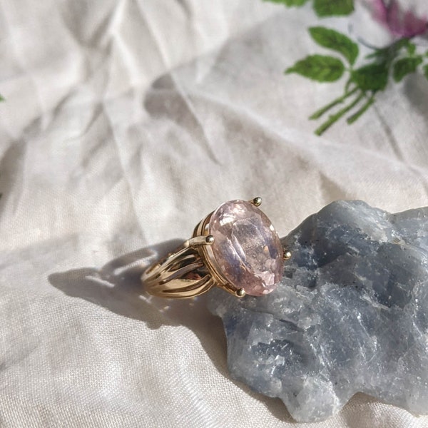 80s vintage Morganite 14k gold ring / statement solitaire Art Deco Nouveau faceted oval prong setting / quality fine jewelry / OOAK gift 6