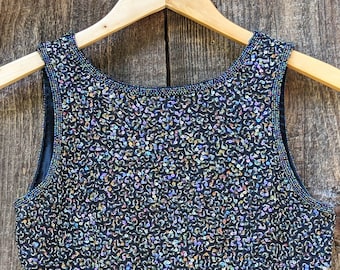 90s vintage Y2K sequin silk tank top / black purple iridescent beaded sparkle crop top cropped shirt / Hollywood formal retro pin up glam S