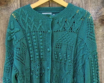 Cardigan tricoté à la main vintage des années 80, gros chandail cottagecore vert forêt / Cape Isle Knitters cottage rustique bohème chic / crochet en coton ramie