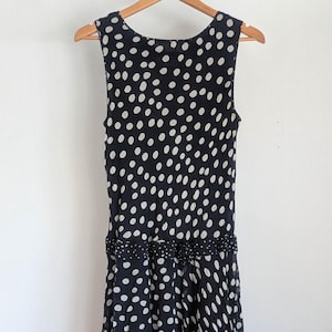 90s vintage black silk polka dot dress / bias cut drop waist flapper tank top ruffles rosette / Talbots 14 M L retro rockabilly pin up glam