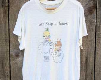 90s vintage Precious Moments nightshirt / cottage chic Lets Keep in Touch telephone angel nightgown t shirt / paperthin cotton single stitch