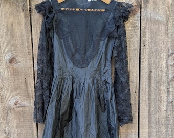 80s vintage goth prom dress 6 S / black satin lace ruffles floor length Gothic party gown / Victorian Edwardian style costume goth rock glam