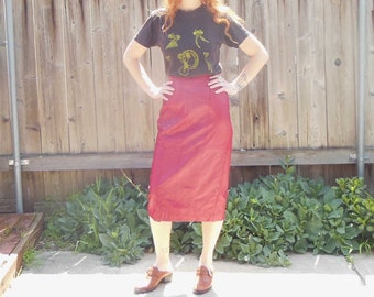 80s Vintage Red Leather Midi Skirt: Mermaid V Waist, Size M