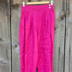 90s vintage hot pink linen slacks / Barbie pink high rise waist 6 S elastic pleated pants / Totonko hipster kitsch retro glam statement chic