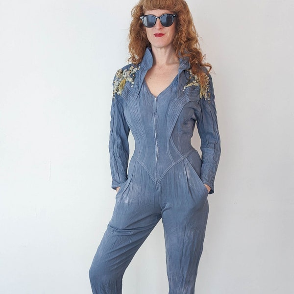 80s vintage IFF denim jumpsuit bedazzled embellished shoulders / zip up one piece romper gold studs rhinestones rope tassel / cotton rayon S