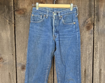 70s 80s vintage Levis 501 jeans 27 36 / USA single lock stitch seam button fly high waist straight leg / blue denim medium wash regular rare