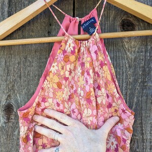 90s vintage Y2K pink silk summer dress / coquette halter neckline floral ruffle sundress / preppy garden tea cocktail party Ann Taylor 2 S