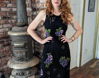 90s vintage Y2K black rayon dress / bias cut floral purple flowers American Angel maxi / gothic goth edgy hipster rocker retro glam India M