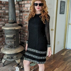 80s vintage black sequin beaded dress / mesh sleeves flapper style layered silver metallic / formal event cocktail party dress retro glam M