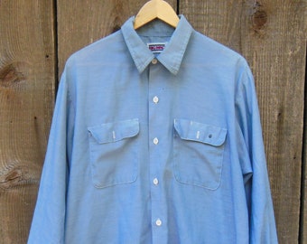 70s vintage blue workwear shirt button up / thrashed distressed paint splatter work wear uniform hipster / chambray cotton poly Big Mac XL