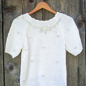 90s vintage cottagecore sweater top / white pastel floral embroidered ramie cotton pullover short sleeve / cottage chic preppy Private Party