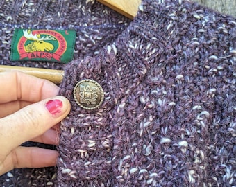 Cárdigan vintage de mezcla de lana jaspeada de los años 80 con botones metálicos, tejido de algodón morado y blanco, grueso, rústico, hipster, bohemio, cálido, acogedor, regalo de invierno, Alps L