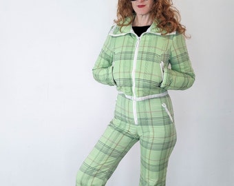 70s vintage HCC Henri-Charles Colsenet of Geneva Swiss made snowsuit / green plaid two piece ski suit adjustable mod retro glam winter wear