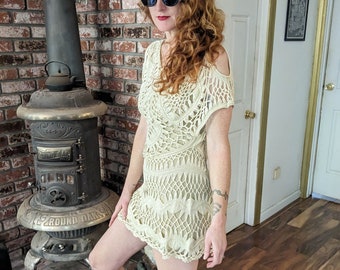 90s vintage deadstock crochet dress / 90s does 70s boho bohemian hippie festival cream woven knit mesh see through sexy / cotton poly S M
