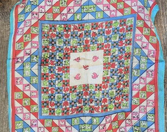 50s vintage silk animal scarf / cottagecore red blue farm print horse rooster / boho handkerchief neckerchief hanky cottage chic / OOAK gift