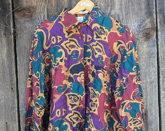 90s vintage silk pattern shirt / abstract Art Nouveau mens menswear button up boho bohemian hipster vacation elegant modern Jack Mulqueen S