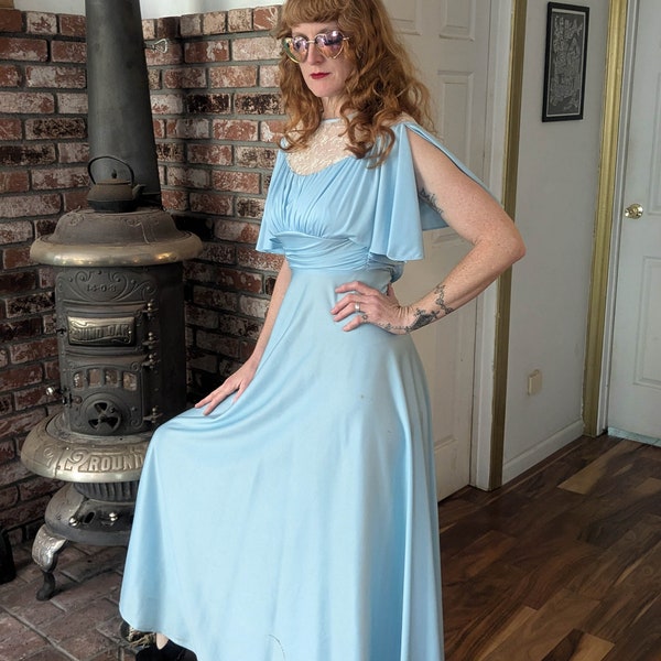 70's Long Sleeve Aqua Disco Gown main image 0