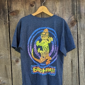 90s vintage Gecko Hawaii t shirt / retro athletic sporty marled gray blue neon / beach sportswear hipster kitsch radical summer / Happy L