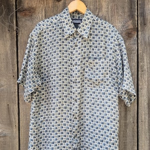 90s vintage silk pattern button up shirt / mens LHomme M square check oxford summer boho tropical vacation blue green gray rockabilly casual