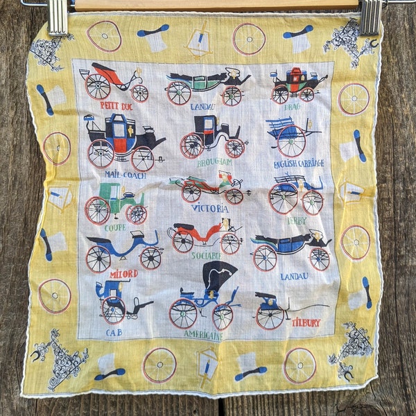 50s vintage antique carriage scarf / yellow white cottagecore buggy types / boho handkerchief neckerchief hanky cottage chic / OOAK gift