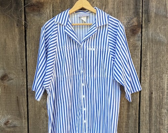 80s vintage striped nightshirt / white blue cotton poly CABRAIS night shirt nightgown /casual glam lingerie preppy hipster retro cute gift L