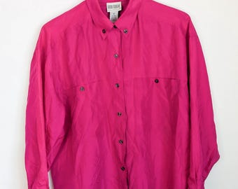 Blusa de seda rosa fucsia estilo vintage de los 90: Colección Karia Morgan, Talla M