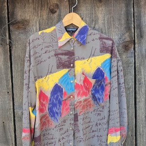 80s vintage abstract poly blouse / gray yellow purple text painbrush print button up shirt / boho retro hipster Loubella California Fashion