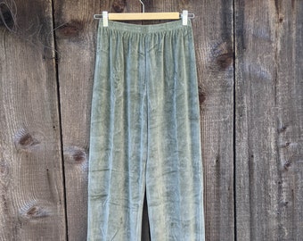 80s vintage olive velour pants / green velvet track pants elastic waist comfy gym jogging castual athletic sporty preppy yoga cotton poly M