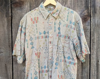 90s vintage raw silk Southwestern button up shirt / Southwest geometric abstract print beige khaki casual hipster boho / The Territory Ahead