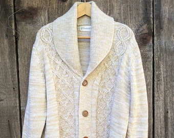 1960s Marled Chunky Knit Cardigan Sweater: Beige, White, Boho Style