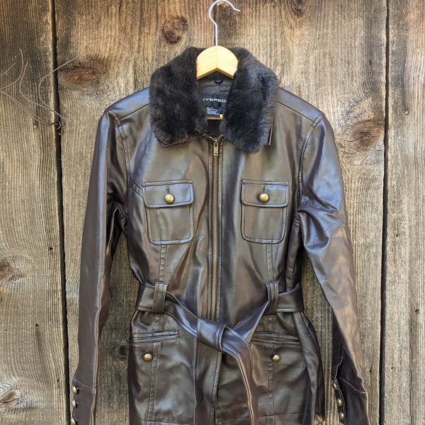 90s vintage Y2K faux leather fur jacket / chocolate brown vinyl rave raver club kid hipster / brass buttons waist tie / OUTEREDGE poly S