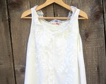 50s vintage white chiffon nightgown / yellow lining Victorian style loose fit floral lace / retro glam elegant mid century Bergdorf Goodman