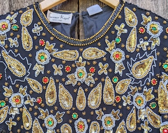 80s vintage silk sequin blouse top / gold black beaded shirt elegant bold formal event party girl glam bling retro hipster costume / rayon M
