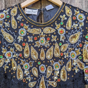 80s vintage silk sequin blouse top / gold black beaded shirt elegant bold formal event party girl glam bling retro hipster costume / rayon M