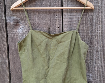 90s vintage linen tank cropped boxy crop top / spaghetti straps textured olive / boho hipster Y2K elegant glam minimal modern Ann Taylor 8 M