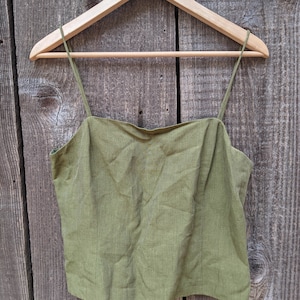 90s vintage linen tank cropped boxy crop top / spaghetti straps textured olive / boho hipster Y2K elegant glam minimal modern Ann Taylor 8 M