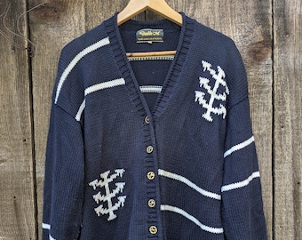 Vintage Irish Nautical Cotton Sweater: Navy, White, Brass Buttons, Size M