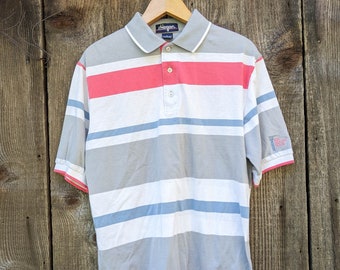 Koszulka polo golfowa Hogan w stylu lat 80. w stylu vintage / Koszulka henley Ben Hogan w paski z kołnierzykiem GQ, letnia, z bawełny poliestrowej z pojedynczym szwem, w kolorze białym i różowym
