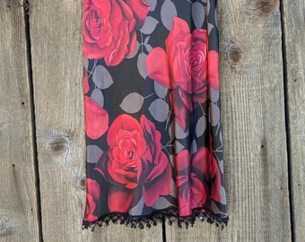 90s vintage red roses satin skirt Rampage S / black sequin trim elastic waist bias cut clingy / whimsigoth boho goth gothic vamp pin up glam