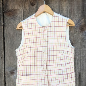 80s vintage cream wool plaid vest button up top / red yellow preppy collegiate hipster retro mod classic elegant / satin back adjustable L
