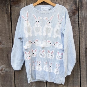 80s vintage rabbit sweater / hand knit ramie cotton sky blue white pom poms / cute animal gift hipster cottage chic Marisa Christina M L