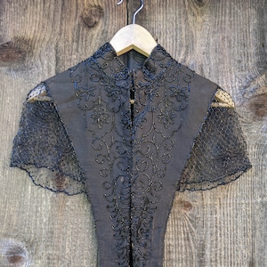 Antique Victorian Mantle Collar Blouse 1880s 1890s / black jet beads beaded silk mourning wear sheer floral / costume Period Piece Gothic