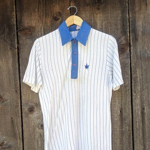 70s vintage striped polo shirt / blue white short sleeve henley Boasters cotton poly maple leaf / summer hipster preppy single stitch seam M