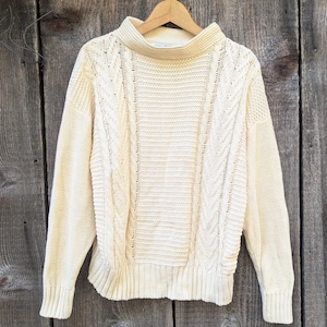 80s vintage buttercream knit sweater / cream pale yellow cotton ramie cable knit chunky pullover / preppy minimalist classic Crazy Horse M L