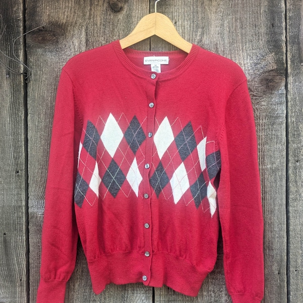 90s vintage Y2K schoolgirl cardigan / red argyle merino wool sweater cropped / preppy hipster club kid grunge rocker / Evan Piccone M