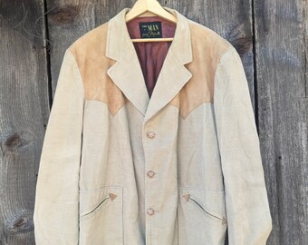 70s vintage mens corduroy western jacket / sandy beige suede leather buckskin blazer / cowboy Wild West rodeo / The Man from California L XL