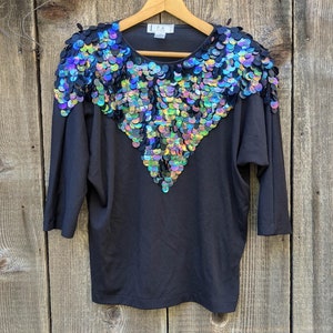80s vintage black sequin t shirt / iridescent oil sequins rocker glam top edgy gothic goth rock punk diva retro costume / PA International S