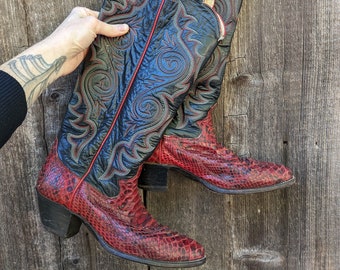 70s vintage leather python cowboy boots 6 / Justin black red snakeskin western rodeo cowgirl glam embroidered / retro Rodeo Queen Wild West