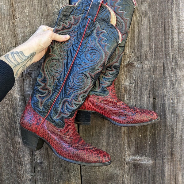 70s vintage leather python cowboy boots 6 / Justin black red snakeskin western rodeo cowgirl glam embroidered / retro Rodeo Queen Wild West