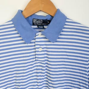 90s vintage striped polo shirt / single stitch seam blue white Ralph Lauren Polo t shirt henley M / preppy summer yacht club sailing boating